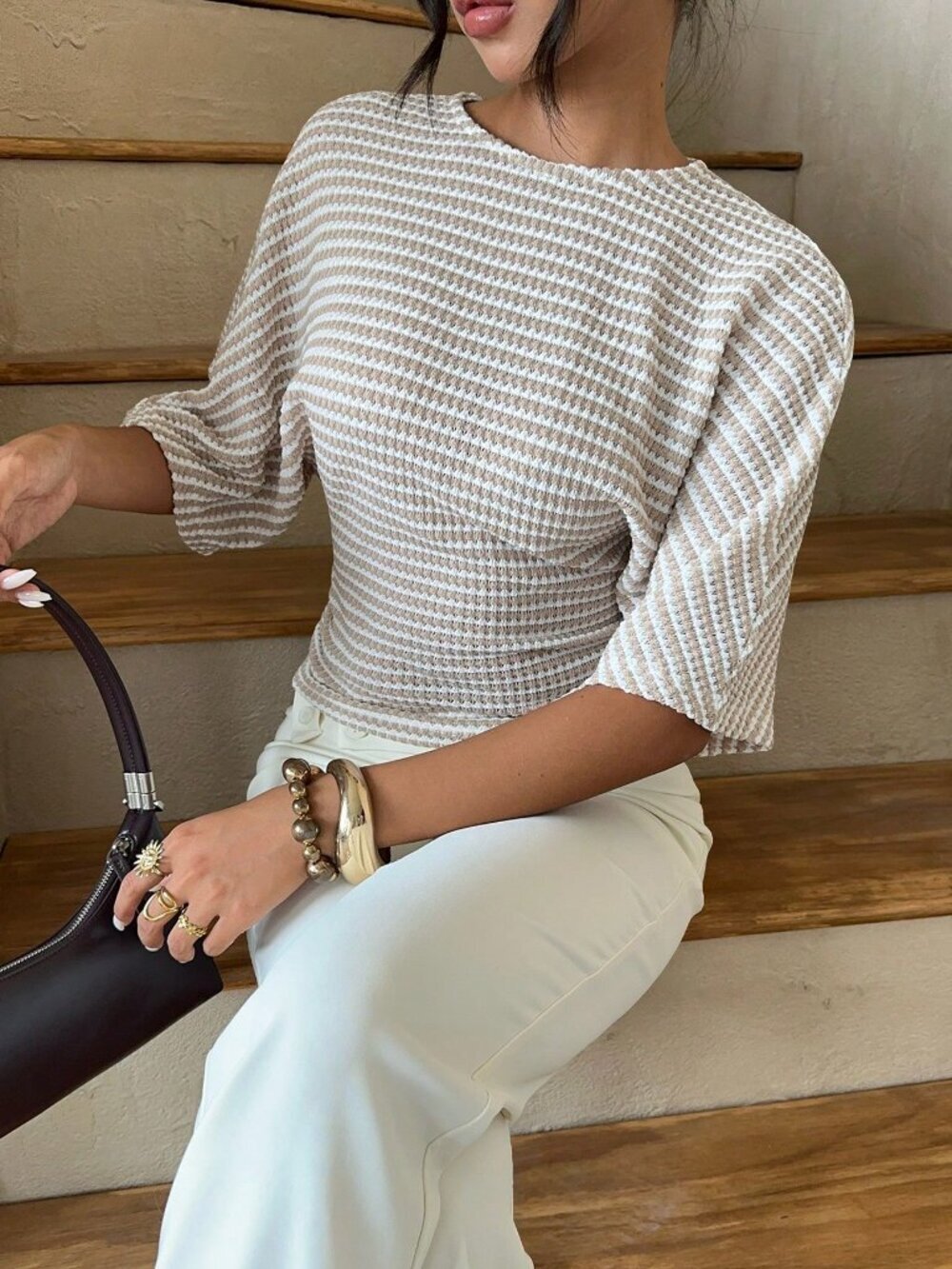 Multicolor Casual Women's Striped Batwing Sleeve Round Neck T-Shirt - Picture 6 of 9